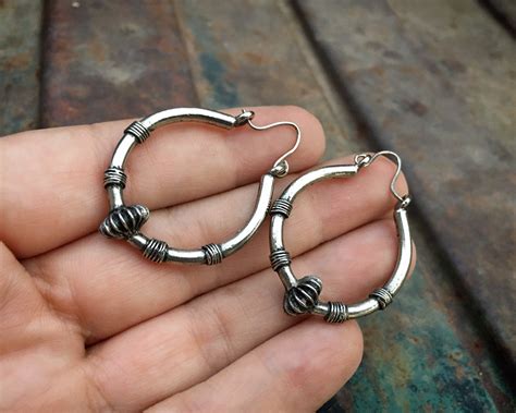 Vintage Tribal Sterling Silver Hoop Earrings Ethnic Boho Jewelry