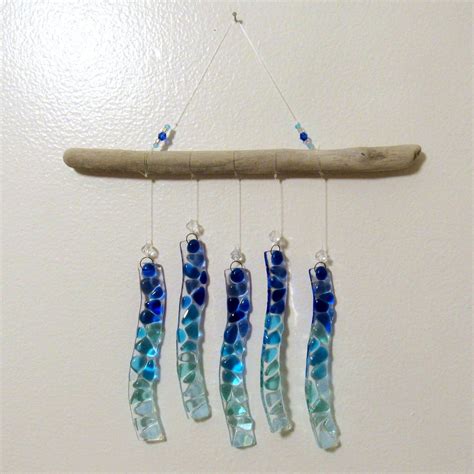 Fused Glass Beach Windchime Glass And Driftwood Mobile Turquoise Sea Glass Suncatcher Ocean