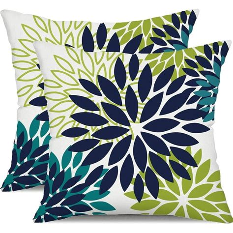 Navy Blue Flower Pillow Covers 20x20 Inch Set Of 2 White Gray Colored Throw Pillows Outdoor