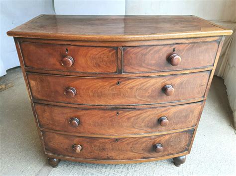 Antique Victorian Mahogany Bow Front Over Chest Of Drawers Bun Feet