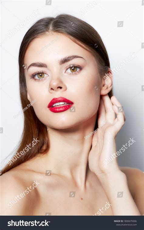 Brunette Nude Shoulders Charm Red Lips Stock Photo