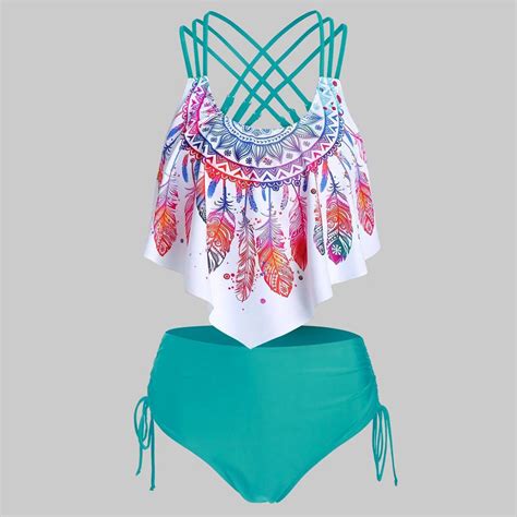 Swimwear Woman Bikini Swimsuit Feather Print Push Up Padded