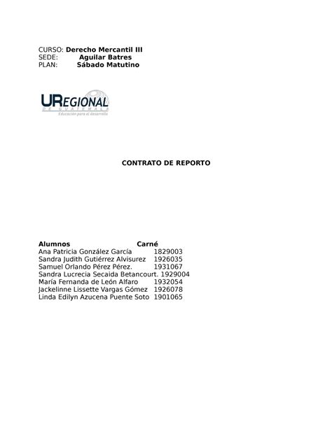 Contrato DE Reporto CURSO Derecho Mercantil III SEDE Aguilar Batres