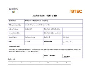 Io T Assignment Frontsheet Assignment Front Sheet