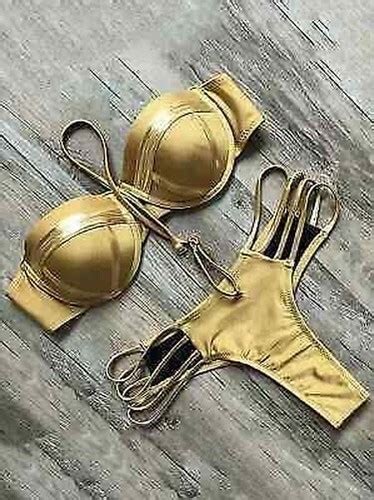 Mode Mer Costume Deux Pièces Bikini Or Poli Bandeau Mini Bonnets Slips eBay