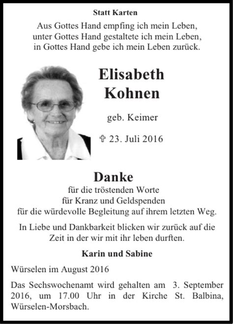 Traueranzeigen Von Elisabeth Kohnen Aachen Gedenkt