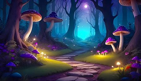 Magical Forest With Trees And Glowing Mushrooms Path Background