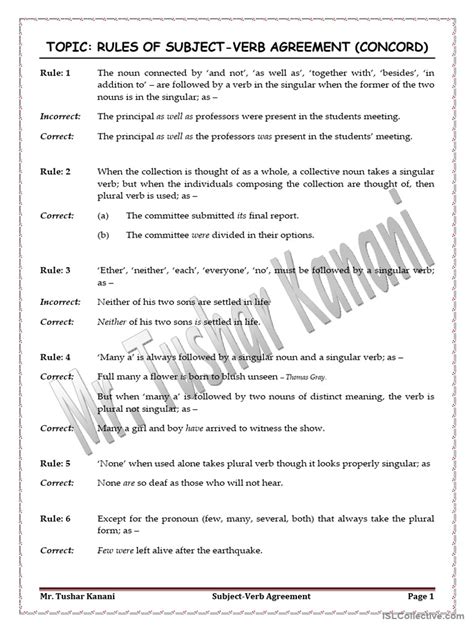 Subject Verb Agreement Or Concord Pdf Grammatical Number Verb