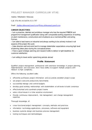 Project Manager Curriculum Vitae Pdf