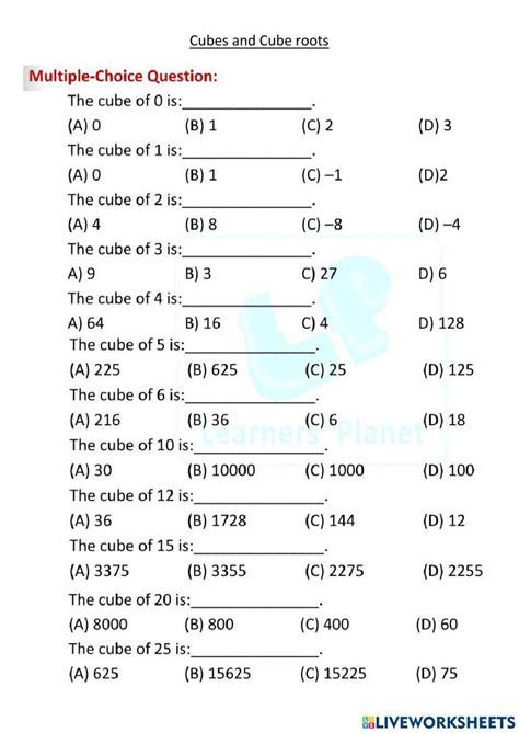 Cubes And Cube Roots Interactive Worksheet Live Worksheets