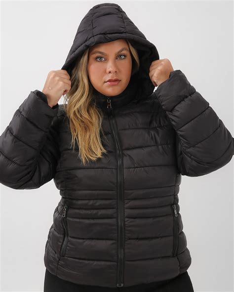 Riachuelo Jaqueta Plus Size Feminina Puffer Capuz Remov Vel Preta