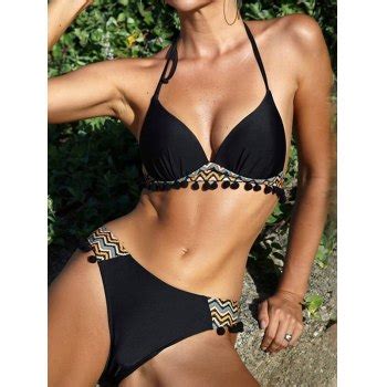 Emmiol Free Shipping 2024 Pompom Embellish Black Bikini Set Black S In