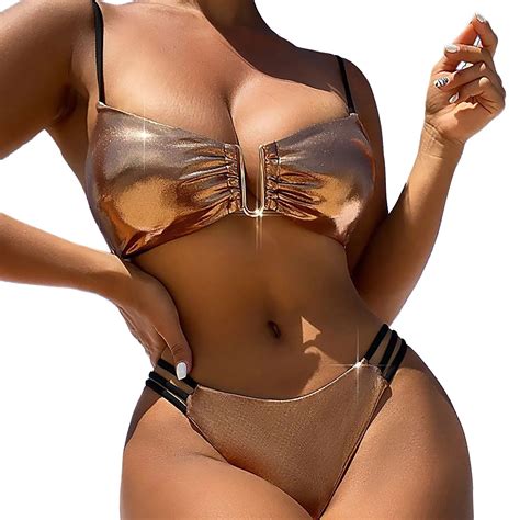 2024 New Sexy U Wire Pu Faux Leather Bikini Set Women Shiny Gold Cut Out Push