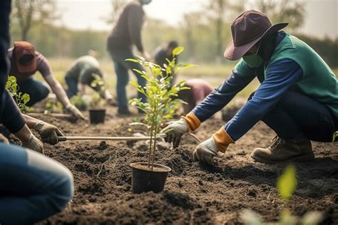 People Planting Trees Or Working In Community Garden Promoting Local