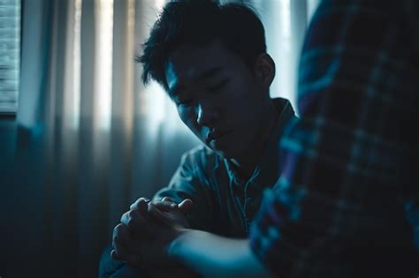 A Man Is Praying With His Hands Clasped In Front Of A Woman Premium