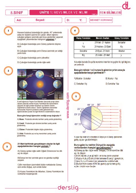 S N F Fen Bilimleri Mevsimler Ve Klim Test Yaprak Test Derslig