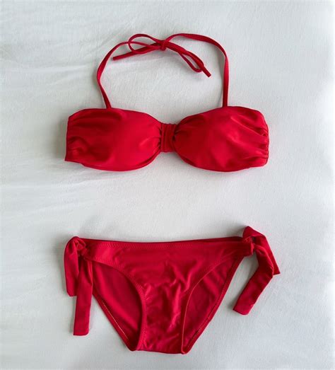 Red Two Piece Adjustable Bikini Back Tie Top Side Tie Bottom Women S Fashion Swimwear