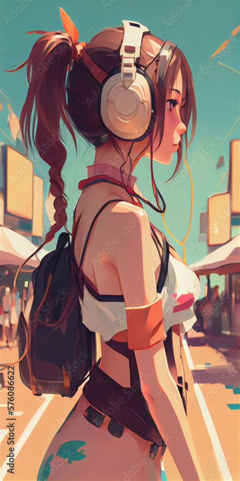 Beautiful And Sexy Anime Girl In Bikini Listening To Lofi Hip Hop Music With Headphones On City