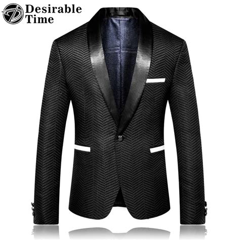 Men Slim Fit Black Blazer Geometric Pattern Mens Blazers Casual Fashion Shawl Collar Wedding