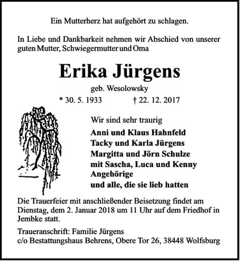 Traueranzeigen Von Eirika J Rgens Trauer Anzeigen De