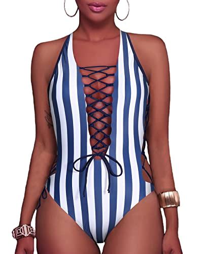 Sexy Lace Up Strappy One Piece Swimsuits Blue White Holipick