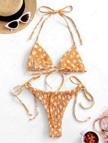Zaful Ditsy Print Smocked String Bikini Swimwear In Orange Zaful