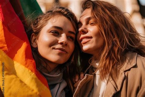 Gay Women Lesbian Couple With LGBT Rainbow Flag LGBT Pride Month
