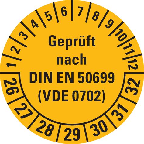 Prüfpl Gepr n DIN EN 50699 VDE 0702 26 32 gelb Dokumentenfolie