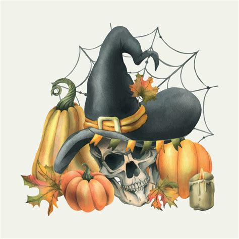 Human Skull In A Black Witch Hat With Orange Pumpkins Cobwebs Candles And Autumn Maple Leaves