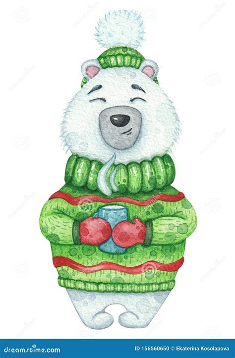 Cute Polar Bear In Green Sweater And Hat With A Cup Of Hot Drink Stock Illustration
