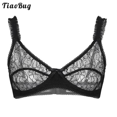 Tiaobug Mens Sissy Soft See Through Sheer Floral Lace Lingerie Bra