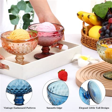 Maxdot 12 Pack Ice Cream Glass Bowls Set 10 Oz Colored Crystal Dessert Bowls Vintage Diamond