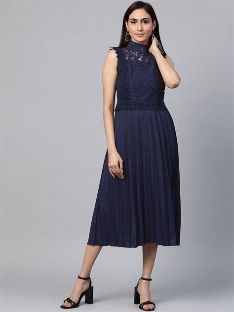 Buy Pluss Women Navy Blue Lace Detail Accordion Pleated A Line Dress