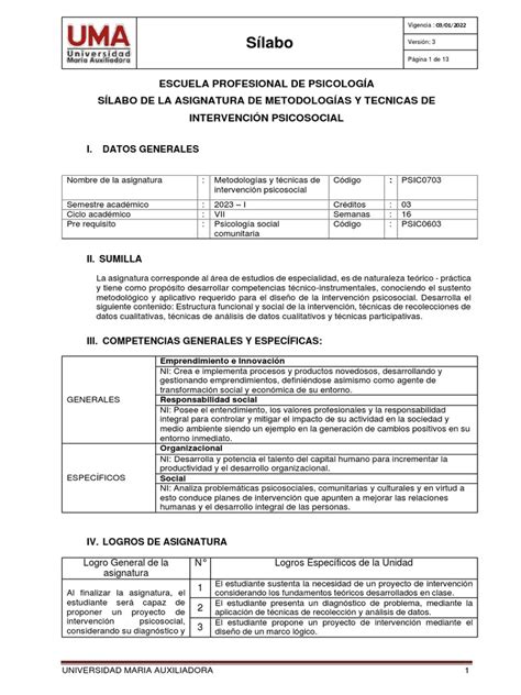 Sílabo Metodologías Y Tecnicas De Intervención Psicosocial 2023 I