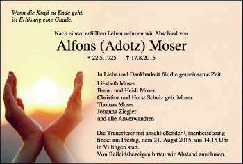 Traueranzeigen Von Alfons Moser Schwarzw Lder Bote Trauer