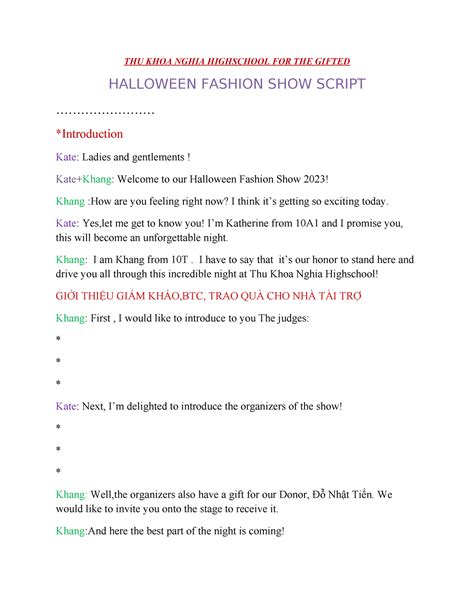 Halloween Fashion Show Script Thu Khoa Nghia Highschool For The