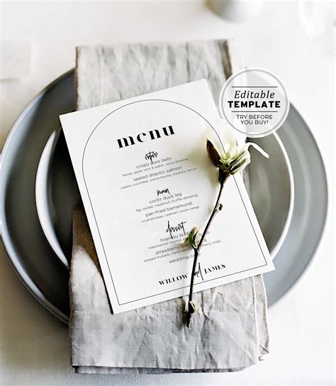 Noir Arch Minimalist Dinner Menu Wedding Menu Template Etsy