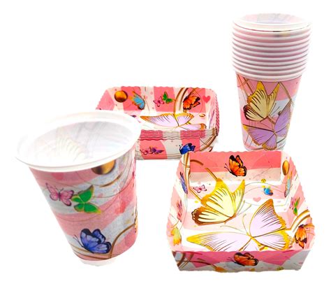 Kit Platos Y Vasos Fiesta Rosado Mariposas Encanto X Units