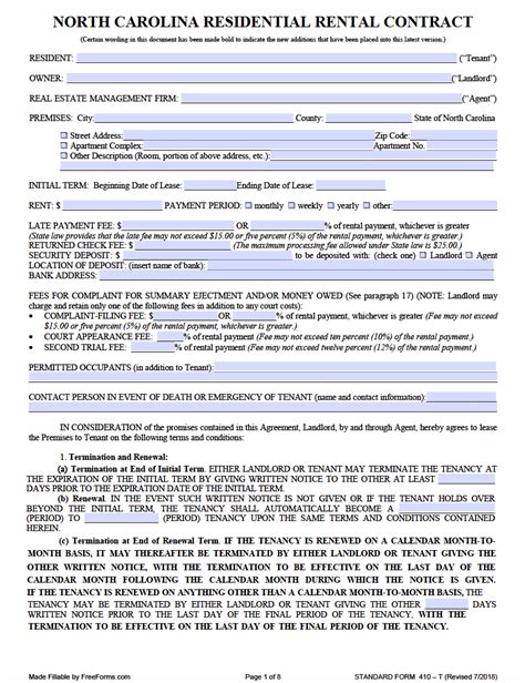 Free North Carolina Rental Lease Agreement Templates Pdf