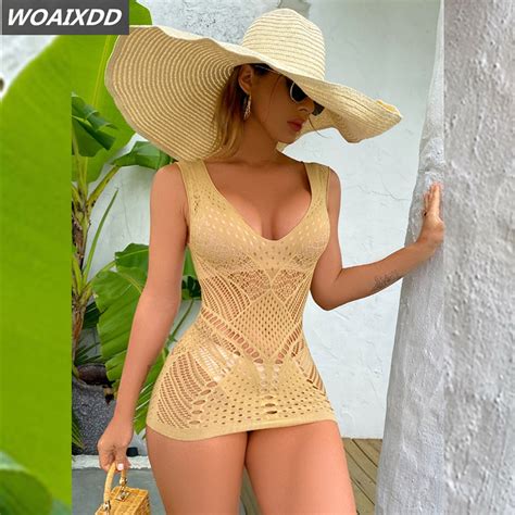 Women Sexy Hollow Out Bodycon Dress V Neck Sleeveless Bandage Stretchy Short Mini Dresses