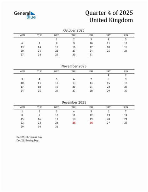 Quarter 4 2025 United Kingdom Quarterly Calendar