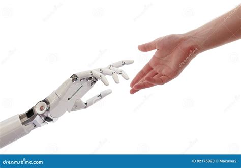 Manos Del Ser Humano Y Del Robot Que Alcanzan El Ejemplo Del Concepto