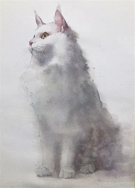 White Cat Original Watercolor Painting - Michele Clamp Art