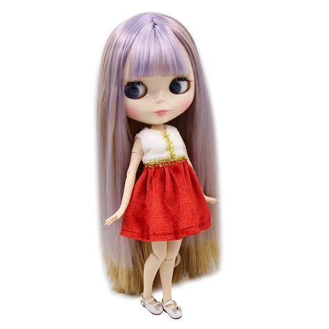 Blyth 1 6 Nude Doll White Skin Glossy Face With Bangs Fringe Joint Body Purple Mix Brown Hair