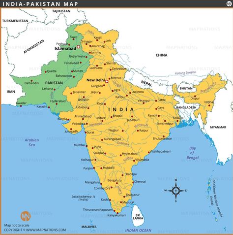Map of India and Pakistan Showing International Borders and Major Cities