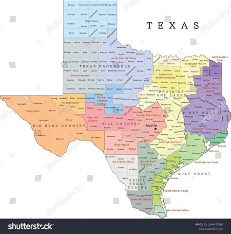 Texas State Regions Map Counties Subregions Stock Vector Royalty Free