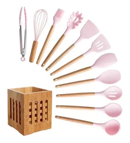 Kit Utensílios De Cozinha 12 Peças Silicone Cesto Bambu MercadoLivre