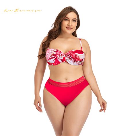Women Summer Swimsuit Plus Size Two Piece Printing Bikini Good Stretch Underwire With Chest Pad