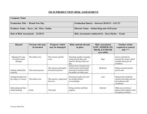 Film production risk assessment form | DOC