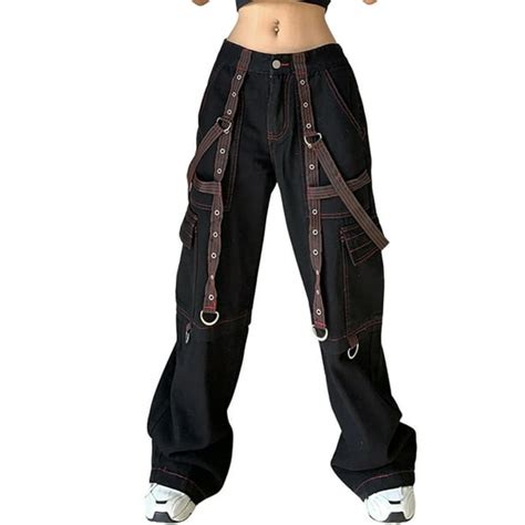 Gothic Vintage Cargo Jeans For Women Wide Straight Leg Punk Aesthetic